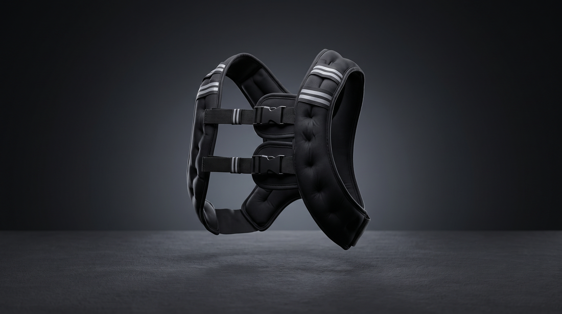 Adjustable weighted vest 8 to 30 lbs with reflective stripes, studio product shot