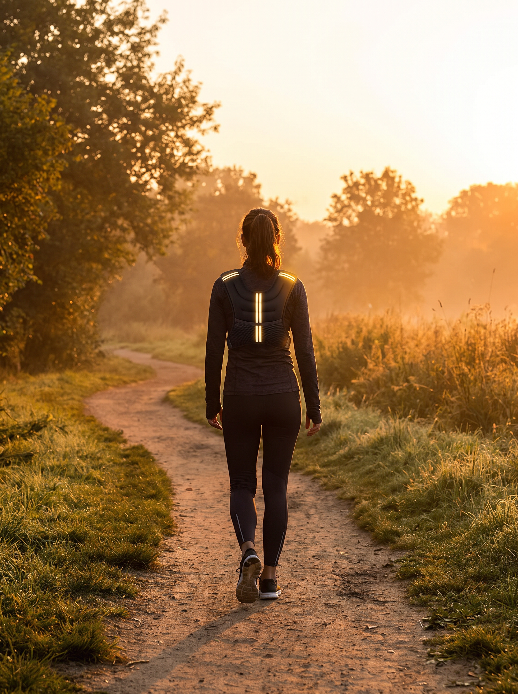 Weighted vest walking on a sunrise park trail